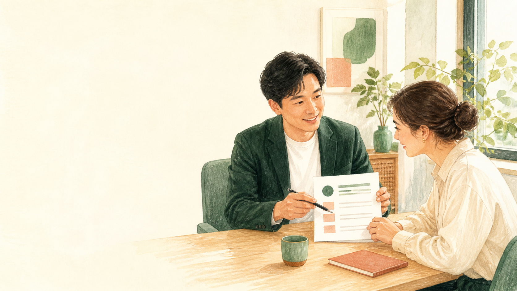 採用について考える人事担当者と外国人社員のイラスト